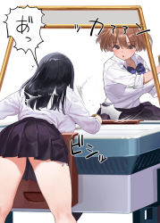 2girls :o air_hockey ass bent_over black_hair black_skirt blue_bow blue_bowtie blush bow bowtie breasts brown_hair collared_shirt commentary_request inconvenient_breasts kaisen_chuui large_breasts long_hair long_sleeves multiple_girls open_mouth original pleated_skirt school_uniform shirt shirt_tucked_in skirt thighs white_background white_shirt rating:Sensitive score:31 user:danbooru