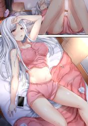 1girl aldehyde arm_at_side arm_up blush breasts cellphone crop_top dutch_angle from_above futon hair_ornament heavy_breathing highres indoors large_breasts long_hair lying midriff multiple_views navel neeko_(aldehyde) no_panties on_back on_bed original phone pink_eyes short_shorts shorts sidelocks silver_hair smartphone tank_top rating:Questionable score:108 user:danbooru