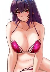  1girl absurdres akira_(yuibnm71) bikini blush breasts fate/grand_order fate_(series) hair_intakes highres large_breasts looking_at_viewer pink_bikini purple_bikini purple_hair pursed_lips red_eyes scathach_(fate) scathach_(fate/grand_order) scathach_(swimsuit_assassin)_(fate) simple_background solo swimsuit white_background 