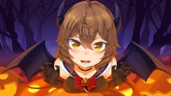  1girl breasts brown_eyes brown_hair commentary_request demon_girl dungeon_ni_deai_wo_motomeru_no_wa_machigatteiru_darou_ka elbow_gloves gloves halloween highres liliruca_arde looking_at_viewer open_mouth short_hair smile solo tail z_-_chcrghan 