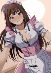  1girl ahoge apron blush breasts brown_hair cleavage closed_mouth collarbone cowboy_shot dated dot_nose dress frilled_apron frills from_below full-face_blush happy_birthday highres idolmaster idolmaster_million_live! idolmaster_million_live!_theater_days large_breasts long_hair looking_at_viewer maid_headdress official_alternate_costume official_alternate_hairstyle open_clothes open_shirt pink_dress ponpon pov pretty_waitress_(idolmaster) puffy_short_sleeves puffy_sleeves purple_eyes shirt short_sleeves sidelocks signature skirt solo straight_hair waist_apron waitress white_apron white_shirt yokoyama_nao 