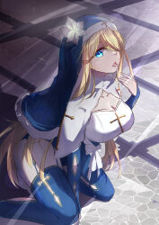  1girl absurdres blonde_hair blue_eyes blue_hat blue_thighhighs breasts capelet chinese_commentary cleavage cobblestone coif commentary_request cross cum cum_in_mouth cum_on_hands dress feet_out_of_frame flower garter_straps habit hair_between_eyes hair_over_one_eye hat hat_flower highres kitahara_lily kneeling large_breasts light_rays long_bangs long_hair looking_at_viewer mahjong_soul mole mole_under_eye nun open_mouth sanzen_rakusetsu_chu sidelocks solo sunbeam sunlight thighhighs tongue tongue_out very_long_hair white_capelet white_dress white_flower 
