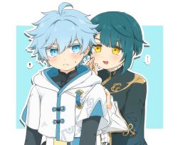  ! 2boys ahoge black_bodysuit blue_eyes blue_hair blush bodysuit child chinese_clothes chongyun_(genshin_impact) commentary_request cowboy_shot frilled_sleeves frills frown genshin_impact hand_on_another&#039;s_shoulder hood hoodie light_blue_hair long_sleeves male_focus mixing_(pixiv2003451) multiple_boys simple_background speech_bubble spoken_exclamation_mark tassel whispering white_hoodie xingqiu_(genshin_impact) yellow_eyes  rating:General score:4 user:danbooru