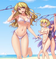 &gt;:d 3girls :d alice_margatroid alternate_costume arm_up armpits assisted_exposure bare_arms bare_legs bare_shoulders barefoot beach bikini unworn_bikini black_one-piece_swimsuit blonde_hair blue_bikini blue_bow blue_eyes blue_sky blunt_bangs blush bow braid breast_hold breasts cleavage clothed_female_nude_female clothes_theft cloud collarbone commentary competition_swimsuit covered_navel covering_privates covering_breasts covering_crotch day embarrassed female_focus female_pubic_hair frills front-tie_bikini_top front-tie_top gluteal_fold groin hair_bow hairband hand_up hater_(hatater) head_tilt highres horizon kirisame_marisa knees_together_feet_apart large_breasts leg_up legs lolita_hairband long_hair looking_back looking_down looking_up low-tied_long_hair matching_hair/eyes medium_breasts micro_bikini midriff multiple_girls naughty_face navel navel_piercing neck nipple_slip nipples nose_blush nude ocean one-piece_swimsuit open_mouth outdoors patchouli_knowledge piercing pubic_hair purple_eyes purple_hair red_bow round_teeth sand sanpaku shore short_hair shy side-tie_bikini_bottom side_braid single_braid sky smile standing standing_on_one_leg star_(symbol) stomach straight_hair surprised swimsuit swimsuit_theft tearing_up tears teasing teeth theft touhou twirling_panties underboob upper_teeth_only very_long_hair white_bikini white_bow yellow_eyes yuri rating:Questionable score:189 user:danbooru