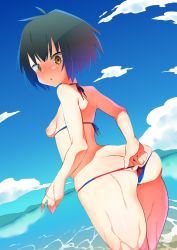 1girl :o ass beach bikini black_hair blue_bikini blue_sky blush breasts breasts_out butt_crack cloud day furau half-closed_eyes highres huge_ass looking_at_viewer looking_back marvel micro_bikini multicolored_bikini multicolored_clothes nipples open_mouth panties panty_pull partially_submerged peni_parker red_bikini short_hair sideboob skindentation sky small_breasts solo spider-man:_into_the_spider-verse spider-man_(series) spider-verse string_bikini swimsuit thick_thighs thighs underwear wet yellow_eyes rating:Explicit score:143 user:danbooru