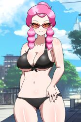  1girl bikini breasts city cloud cloudy_sky creatures_(company) day game_freak gluteal_fold hand_on_own_hip highres large_breasts malva_(pokemon) matching_hair/eyes navel nintendo pink_eyes pink_hair pokemon pokemon_xy sky sunlight swimsuit thick_thighs thighs underboob yensh  rating:Questionable score:13 user:S0meL0stBarc0de