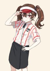 1girl alternate_costume black_skirt breasts brown_hair collared_shirt grey_background hair_between_eyes hand_on_headwear hand_on_own_hip hat kantai_collection long_hair looking_at_viewer name_tag nito_(nshtntr) red_eyes ryuujou_(kancolle) shirt short_sleeves simple_background skirt small_breasts solo striped_clothes striped_shirt twintails vertical-striped_clothes vertical-striped_shirt 