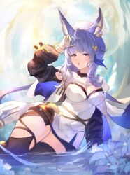  1girl animal_ears blue_hair breasts cleavage coat cutting_clothes dress earclip erune gloves granblue_fantasy hat hat_on_back highres looking_at_viewer nurse_cap rabbit_ears short_dress solo thigh_strap thighhighs thighs tikoh wao_(219hukog) white_gloves 