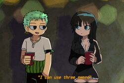  1boy 1girl bandana_around_arm black_eyes black_hair blue_eyes blunt_bangs closed_mouth commentary cup disposable_cup earrings english_commentary english_text green_hair hangeackkmn123 holding holding_cup jewelry long_hair looking_at_another nico_robin one_piece open_mouth parody roronoa_zoro scene_reference scott_pilgrim_(series) scott_pilgrim_takes_off scott_pilgrim_takes_off_(style) short_hair short_sleeves single_earring smile style_parody  rating:General score:17 user:danbooru