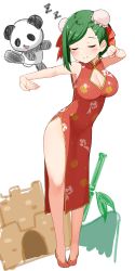  1girl armpits bare_arms bare_legs bare_shoulders boruhis breasts bun_cover china_dress chinese_clothes cleavage cleavage_cutout clothing_cutout dress closed_eyes facing_viewer flats floral_print green_hair highres idolmaster idolmaster_shiny_colors large_breasts nanakusa_hazuki panda pelvic_curtain red_dress red_footwear sand_castle sand_sculpture short_hair sleeveless sleeveless_dress smile solo thighs white_background 