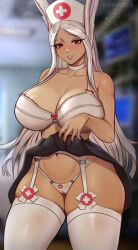  1girl animal_ears artist_name bare_shoulders black_skirt blurry blush bokeh boku_no_hero_academia bra breasts cameltoe choker cleft_of_venus clothes_lift collarbone commentary dark-skinned_female dark_skin depth_of_field english_commentary garter_belt hat highres large_breasts lifted_by_self long_eyelashes long_hair looking_at_viewer mirko nail_polish navel nurse_cap panties parted_bangs parted_lips rabbit_ears rabbit_girl red_eyes red_nails rovintus skirt skirt_lift smile solo thick_thighs thighhighs thighs toned_female underwear very_long_hair white_bra white_choker white_garter_belt white_hair white_panties white_thighhighs 