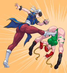  2girls absurdres ass beret blonde_hair boots bracelet braid breasts brown_hair cammy_white capcom chun-li cirenk cunt_punt fingerless_gloves gauntlets gloves hat highres huge_ass injury jewelry leotard multiple_girls pantyhose ryona shiny_clothes shiny_skin source_request spiked_bracelet spikes street_fighter thong_leotard violence  rating:Questionable score:58 user:Ahegao_lmao