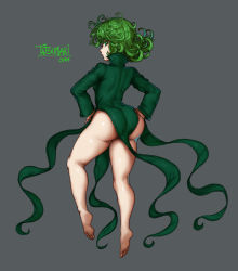 1girl ass barefoot breasts character_name curly_hair gluteal_fold green_eyes green_hair grey_background hands_on_own_hips highres huge_ass legs looking_at_viewer no_panties one-punch_man pout short_hair simple_background small_breasts solo tatsumaki the_golden_smurf thick_thighs thighs rating:Sensitive score:152 user:danbooru