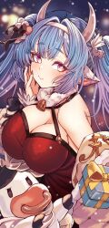  1girl animal_ears bare_shoulders bell black_bow blue_hair bow breasts bright_pupils catura_(granblue_fantasy) cleavage cow_ears cow_horns criss-cross_halter draph dress fur_collar granblue_fantasy hair_bow hairband halterneck highres horns jacket large_breasts multicolored_hair nail_polish solo spinel_mine00 streaked_hair twintails yellow_eyes 