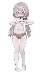  1boy bare_legs bell blush choker covered_erect_nipples cum cum_in_clothes cum_through_clothes full_body greyscale grin heart-shaped_boob_challenge highres ikr_(artist) long_hair looking_at_viewer male_focus micro_shorts midriff monochrome navel neck_bell nose_blush shorts simple_background sleeveless smile sweat tongkkangi tongkkangi_(streamer) trap twintails white_background 