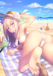 1girl absurdres adjusting_clothes adjusting_headwear armpits ass bad_id bad_pixiv_id barefoot beach bikini blonde_hair blush breasts day feet foot_focus foreshortening hat highres large_breasts lexington_(warship_girls_r) long_hair looking_at_viewer looking_back outdoors pov purple_eyes ray_(pixiv9514208) smile soles solo_focus sun_hat swimsuit toes warship_girls_r white_bikini rating:Sensitive score:115 user:ssfl