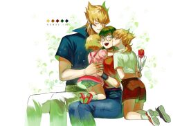  2boys 2girls absurdres arm_behind_back blonde_hair carly_nagisa closed_eyes closed_mouth dangle_earrings denim earrings father_and_daughter father_and_son flower glasses green_hair hair_between_eyes hairband hand_on_another&#039;s_back highres holding holding_flower hug if_they_mated jack_atlas jeans jewelry kiss kissing_cheek mother_and_daughter mother_and_son multiple_boys multiple_girls nomae.jie one_eye_closed open_mouth pants ponytail red_flower red_rose ring rose round_eyewear short_sleeves shorts simple_background smile spiked_hair stud_earrings white_pants wristband yu-gi-oh! yu-gi-oh!_5d&#039;s 