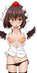  1girl arms_behind_back black_eyes black_hair black_panties black_thighhighs black_wings breasts breasts_out collarbone collared_shirt cowboy_shot feathered_wings grimace groin h-kagaminn hat kanichiri looking_at_viewer nipples open_clothes open_mouth open_shirt panties panty_pull pom_pom_(clothes) shameimaru_aya shirt short_hair short_sleeves side-tie_panties simple_background solo thighhighs tokin_hat touhou underwear white_background white_shirt wings 