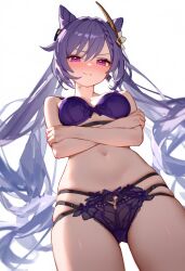  1girl blush bra breasts closed_mouth crossed_arms embarrassed genshin_impact hair_ornament highres keqing_(genshin_impact) lingerie long_hair looking_at_viewer looking_down navel panties pink_hair purple_bra purple_hair purple_panties simple_background smile solo suspenders thighs underwear very_long_hair white_background 