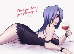 1girl amanda_evelyn_earl bad_id bad_tumblr_id bare_shoulders blue_hair breasts cup drinking_glass eyepatch large_breasts lingerie lips lying nail_polish negligee on_stomach red_eyes sideboob skullgirls smile solo strap_slip thank_you underwear valentine_(skullgirls) wine_glass wristband rating:Questionable score:76 user:danbooru