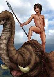  1boy artist_request blush brown_hair censored male_focus mammoth nude outdoors penis polearm prehistoric shota solo spear standing tagme tusks weapon  rating:Explicit score:8 user:legendary_loot