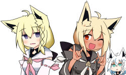  3girls ahoge alternate_color animal_ear_fluff animal_ears aryuaryuryu black_hoodie blank_eyes blonde_hair blue_neckerchief blush braid breasts commentary_request detached_sleeves double_fox_shadow_puppet earrings fox_ears fox_girl fox_shadow_puppet green_eyes hair_between_eyes hololive hood hoodie idol_showdown jewelry long_hair looking_at_another looking_at_viewer multiple_girls multiple_persona neckerchief one_eye_closed open_mouth pink_neckerchief purple_eyes red_eyes shirakami_fubuki shirakami_fubuki_(1st_costume) sidelocks simple_background single_braid small_breasts virtual_youtuber white_background white_hair white_hoodie white_neckerchief 