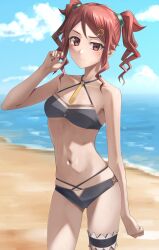  1girl absurdres beach blush breasts commission gauche_(tales) highres looking_at_viewer nail_polish navel o-ring o-ring_top ocean red_eyes red_hair red_nails rourou_ill sand sidelocks sky small_breasts solo swimsuit tales_of_(series) tales_of_vesperia thigh_ring twintails water wet 