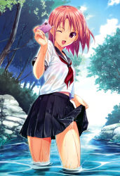 1girl ;d absurdres blush bra camera clothes_lift cloud day highres koutaro lingerie one_eye_closed open_mouth original pink_bra pink_hair pleated_skirt product_placement purple_eyes school_uniform see-through serafuku short_hair skirt skirt_lift sky smile solo tree underwear wading water wet wet_clothes wink  rating:Questionable score:36 user:danbooru