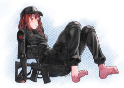  1girl ammunition_pouch arknights arm_support artist_name ash_(rainbow_six_siege) ass assault_rifle barefoot belt black_belt black_gloves black_headwear black_pants black_shirt blue_background blush brown_hair character_request double-parted_bangs eyelashes feet full_body gloves gun highres impossible_clothes impossible_shirt knees_up long_sleeves medium_hair military_uniform mouth_hold orange_eyes pants partially_fingerless_gloves patterned_background pouch rainbow_six_siege rifle shirt soles solo sunglasses toe_scrunch toenails toes uniform weapon yamauchi_(conan-comy) 