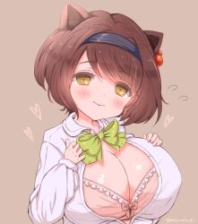  1girl blush bow bra breasts breasts_out brown_hair cleavage dot_nose granblue_fantasy hair_ornament hairband hands_on_own_chest heart large_breasts melomelo oppai_loli orange_eyes pink_bra shirt short_hair simple_background solo unbuttoned unbuttoned_shirt underwear upper_body white_shirt yaia_(granblue_fantasy) 