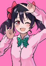  1girl ;d \m/ arms_up black_hair blush bow bowtie buttons cardigan clip_studio_paint_(medium) collared_shirt double_\m/ green_bow green_bowtie hair_between_eyes hair_bow highres long_sleeves looking_at_viewer love_live! love_live!_school_idol_project making-of_available medium_hair nico_nico_nii one_eye_closed open_mouth pink_background pink_cardigan red_bow red_eyes ryoha_kosako shirt simple_background smile solo split_mouth striped_bow striped_bowtie striped_clothes twintails upper_body video_thumbnail white_shirt yazawa_nico 