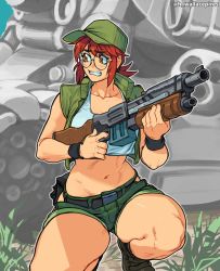  1girl baseball_cap belt black_wristband boots breasts clenched_teeth collarbone combat_boots commentary cropped_jacket cropped_shirt english_commentary finger_on_trigger fio_germi full_body glasses grass green_footwear green_hat green_jacket green_shorts gun hat highres hip_vent holding holding_gun holding_weapon jacket kneeling large_breasts looking_to_the_side metal_slug midriff military military_vehicle motor_vehicle navel on_one_knee outdoors ponytail pump_action red_hair round_eyewear shirt short_sleeves shorts sidelocks solo squatting sv001_(metal_slug) tank teeth wallace_pires weapon white_shirt wristband  rating:Sensitive score:20 user:danbooru