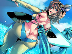  10s 1girl :d animal_ears ass back bare_back blue_eyes blue_sky blush bodysuit breasts brown_hair butt_crack carrying carrying_under_arm cloud day diving_suit dutch_angle erune from_behind granblue_fantasy headband highres huge_ass kairana long_sleeves looking_back medium_breasts ocean open_mouth outdoors partially_submerged short_hair sideboob sky smile solo star_(symbol) surfboard teeth tukiwani wading walking water wet wetsuit  rating:Questionable score:63 user:danbooru