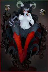  1girl adventure_time bite_mark black_hair black_pants blush boots breasts claws colored_skin demon fangs flying food fruit goth_fashion grey_skin hand_on_own_knee high_heel_boots high_heels holding holding_food holding_fruit horns instrument keytar knees_apart_feet_together looking_at_viewer marceline_abadeer navel nipples open_fly pale_skin pants red_eyes red_footwear shoes sitting skeleton slugbox smile strawberry throne topless vampire wings  rating:Explicit score:119 user:seikonnoqwaser