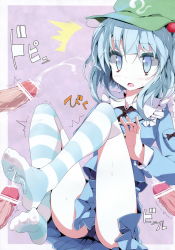  1girl bar_censor blue_eyes blue_hair censored cum ejaculation feet footjob hair_bobbles hair_ornament hat highres kawashiro_nitori key matching_hair/eyes multiple_penises oouso penis school_swimsuit short_hair socks solo striped_clothes striped_socks striped_thighhighs swimsuit thighhighs touhou twintails two_side_up  rating:Explicit score:50 user:Kanebou