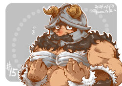  1boy bara beard belly blush chest_sarashi constricted_pupils covering_chest covering_privates dark-skinned_male dark_skin derivative_work dungeon_meshi dwarf facial_hair fake_horns helmet horned_helmet horns kano_(kano_to10) long_beard looking_at_viewer male_focus muscular muscular_male nervous_sweating nose_blush plump sarashi screenshot_redraw senshi_(dungeon_meshi) solo sweat thick_mustache upper_body very_long_beard 