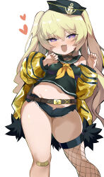  1girl absurdres azur_lane bache_(azur_lane) bare_shoulders black_sailor_collar blonde_hair blush breasts collar covered_erect_nipples crop_top fang fur-trimmed_jacket fur_trim hat heart heart-shaped_pupils highres jacket long_hair long_sleeves looking_at_viewer micro_shorts midriff navel neckerchief off_shoulder open_clothes open_jacket open_mouth purple_eyes sailor_collar shimejinameko shorts small_breasts smile solo symbol-shaped_pupils two_side_up yellow_jacket yellow_neckerchief 