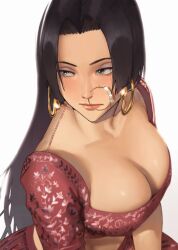  1girl black_hair boa_hancock breasts cleavage collarbone earrings forehead green_eyes highres jewelry large_breasts lips long_hair one_piece piercing pplord shiny_skin solo  rating:Sensitive score:41 user:anon-sama3