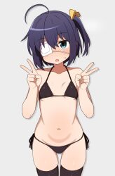  1girl ahoge bare_shoulders bikini black_bikini black_thighhighs blue_eyes blush breasts chuunibyou_demo_koi_ga_shitai! collarbone commentary cowboy_shot double_v english_commentary eyepatch hair_ribbon hands_up highres jitome looking_at_viewer medical_eyepatch mikoscrub navel one_side_up ribbon short_hair side-tie_bikini_bottom simple_background skindentation small_breasts solo standing stomach swimsuit takanashi_rikka thighhighs thighs underboob v white_background yellow_ribbon  rating:Questionable score:39 user:danbooru