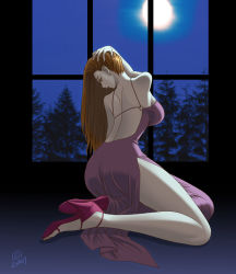  1girl backless_dress backless_outfit bad_anatomy breasts brown_hair dark_room dress evening_gown feet forest hand_in_own_hair hand_on_head high_heels highres large_breasts legs long_hair long_legs mature_female milk_junkies moon moonlight nature night night_sky open_mouth presenting_neck shoes side_slit sideboob sky solo stiletto_heels tatsunami_youtoku thick_thighs thighs toyohara_mitsuki tree window  rating:Questionable score:47 user:danbooru