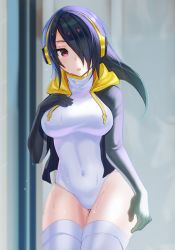  10s 1girl :o arm_at_side bad_id bad_pixiv_id black_gloves black_hair breasts covered_navel cowboy_shot dress emperor_penguin_(kemono_friends) gloves groin hair_over_one_eye hand_on_breast hand_up headphones highleg highleg_leotard hood hood_down hoodie kemono_friends large_breasts legs_together leotard long_hair looking_at_viewer mingou91 multicolored_hair open_clothes open_hoodie open_mouth purple_eyes ribbed_dress ribbed_leotard skin_tight solo streaked_hair thigh_gap thighhighs turtleneck two-tone_hair wet white_leotard white_thighhighs 