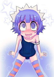  1girl child crazy_eyes futaba_channel highres maid multicolored_clothes multicolored_legwear nijiura_maids one-piece_swimsuit open_mouth purple_eyes purple_hair saliva school_swimsuit short_hair smile solo strap_slip striped_clothes striped_thighhighs swimsuit tears thighhighs torotei wet yakui  rating:Sensitive score:65 user:danbooru