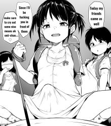 1boy 3girls backpack bag black_hair brother_and_sister bulge commentary english_commentary english_text erection erection_under_clothes femdom futa_with_male futanari futanari highres incest leash leash_pull loli looking_at_viewer makin_tama monochrome multiple_girls open_mouth pov short_hair siblings sitting tagme translated rating:Questionable score:907 user:KenGotTheLexGs