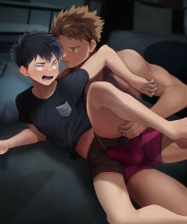 2boys absurdres batsusuke bed behind_another black_hair blush boxer_briefs boxers brown_boxers brown_eyes brown_hair bulge dark dry_humping erection erection_under_clothes eye_contact frottage hand_on_another&#039;s_thigh highres humping indoors leg_lift looking_at_another lying male_focus male_underwear multiple_boys night no_pants on_side open_mouth original parted_lips pillow precum purple_boxer_briefs red_boxer_briefs sanpaku shirt short_hair short_sleeves spiked_hair spread_legs sweat tank_top underwear yaoi rating:Questionable score:156 user:danbooru