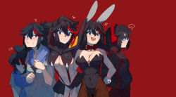  ... 1girl ? animal_ears arms_around_neck bare_shoulders black_gloves black_hair blue_eyes bow breasts closed_mouth covered_navel cuffs fake_animal_ears fang gloves hand_on_own_hip hands_in_pockets headphones heart highres holding holding_weapon hong_doo hood hoodie kill_la_kill leotard matoi_ryuuko medium_hair multicolored_hair navel pantyhose playboy_bunny ponytail rabbit_ears red_background red_bow red_gloves red_hair school_uniform senketsu shade simple_background smile sparkle speech_bubble stamp sunglasses sweat teeth tongue upper_teeth_only weapon  rating:Sensitive score:52 user:danbooru