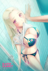 1girl artist_name bikini black_bikini blonde_hair blush breasts cleavage clothes_lift collarbone dutch_angle english_text floral_print halterneck hand_on_wall highres kabedon kudo large_breasts long_hair looking_up medium_breasts mouth_hold navel original parted_bangs red_eyes see-through shirt shirt_lift short_sleeves showering side-tie_bikini_bottom solo_focus standing swimsuit tile_wall tiles very_long_hair wet wet_clothes wet_shirt white_shirt  rating:Questionable score:27 user:danbooru
