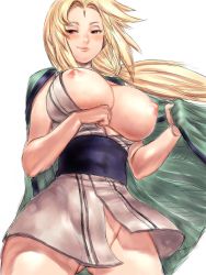  1girl blonde_hair blush bottomless breasts brown_eyes cleavage curvy drunk fumio_(rsqkr) huge_breasts large_breasts long_hair naruto naruto_(series) nipples no_panties open_clothes open_shirt red_eyes shirt sketch smile solo tsunade_(naruto)  rating:Questionable score:201 user:danbooru