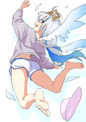 1girl absurdres amane_kanata angel_wings arm_up asanaya ass bare_legs barefoot blue_hair colored_inner_hair dolphin_shorts feet from_behind full_body grey_hair halo highres hololive long_hair looking_back midair multicolored_hair open_mouth purple_eyes purple_shirt shirt shoes shoes_removed short_shorts shorts slippers soles solo star_halo streaked_hair teeth toenails toes upper_teeth_only virtual_youtuber white_shorts wings rating:Sensitive score:6 user:danbooru