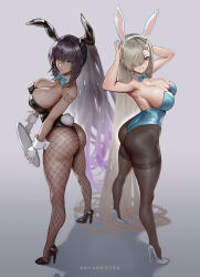  2girls absurdly_long_hair animal_ears arm_tattoo arms_up artist_name ass asuna_(blue_archive) asuna_(bunny)_(blue_archive) bare_shoulders black_footwear black_hair black_leotard blue_archive blue_bow blue_bowtie blue_leotard bow bowtie breasts dark-skinned_female dark_skin detached_collar fake_animal_ears fishnets from_side full_body gloves gradient_hair grey_background grin hair_between_eyes hair_over_one_eye high_heels high_ponytail highleg highleg_leotard highres holding holding_tray huge_ass karin_(blue_archive) karin_(bunny)_(blue_archive) large_breasts leotard long_hair looking_at_viewer multicolored_hair multiple_girls number_tattoo official_alternate_costume pantyhose playboy_bunny ponytail purple_hair rabbit_tail sayanestia skindentation smile standing strapless strapless_leotard tail tattoo thighband_pantyhose tray twisted_torso very_long_hair white_footwear white_gloves  rating:Sensitive score:107 user:danbooru