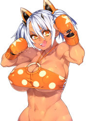  1girl 23_(real_xxiii) abs bikini blush boxing_gloves breasts cleavage dark_skin dark-skinned_female earrings covered_erect_nipples female_focus headgear highres jewelry large_breasts looking_at_viewer muscular navel o-ring o-ring_bikini o-ring_top open_mouth orange_bikini original phantasy_star phantasy_star_online_2 polka_dot polka_dot_bikini short_hair short_twintails silver-haired_girl_(23) simple_background smile solo sweat swimsuit toned tongue tongue_out twintails white_background white_hair yellow_eyes 